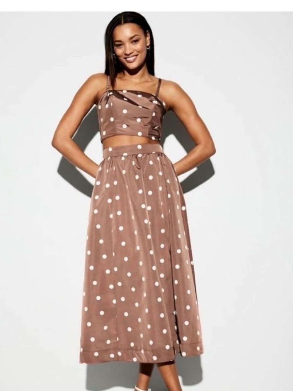 Old Navy The Occasion Brown Polka Dot Midi Skirt - Elastic Waist and POCKETS